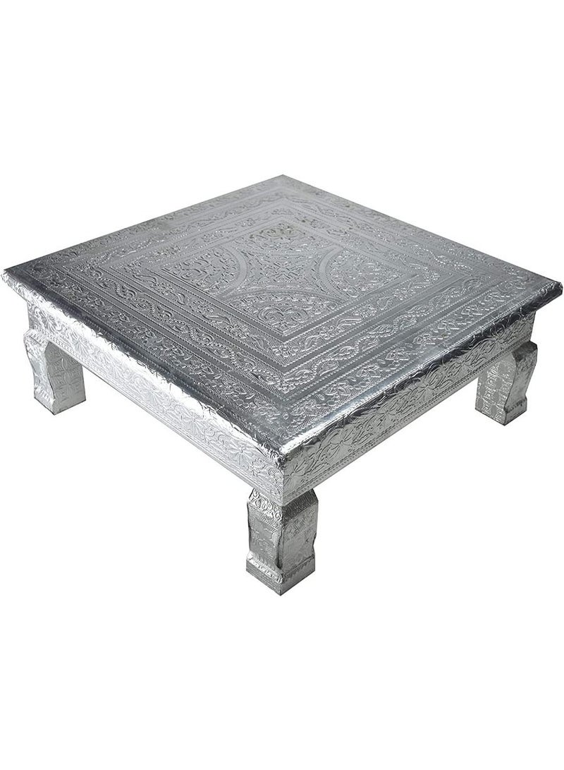 QUESERA Aluminium Foil Designer Bajot Chowki Peeta Patla Designed Beautifully in Wood Silver rajwadi Work home decor stool seating furniture living room decor - Image 2
