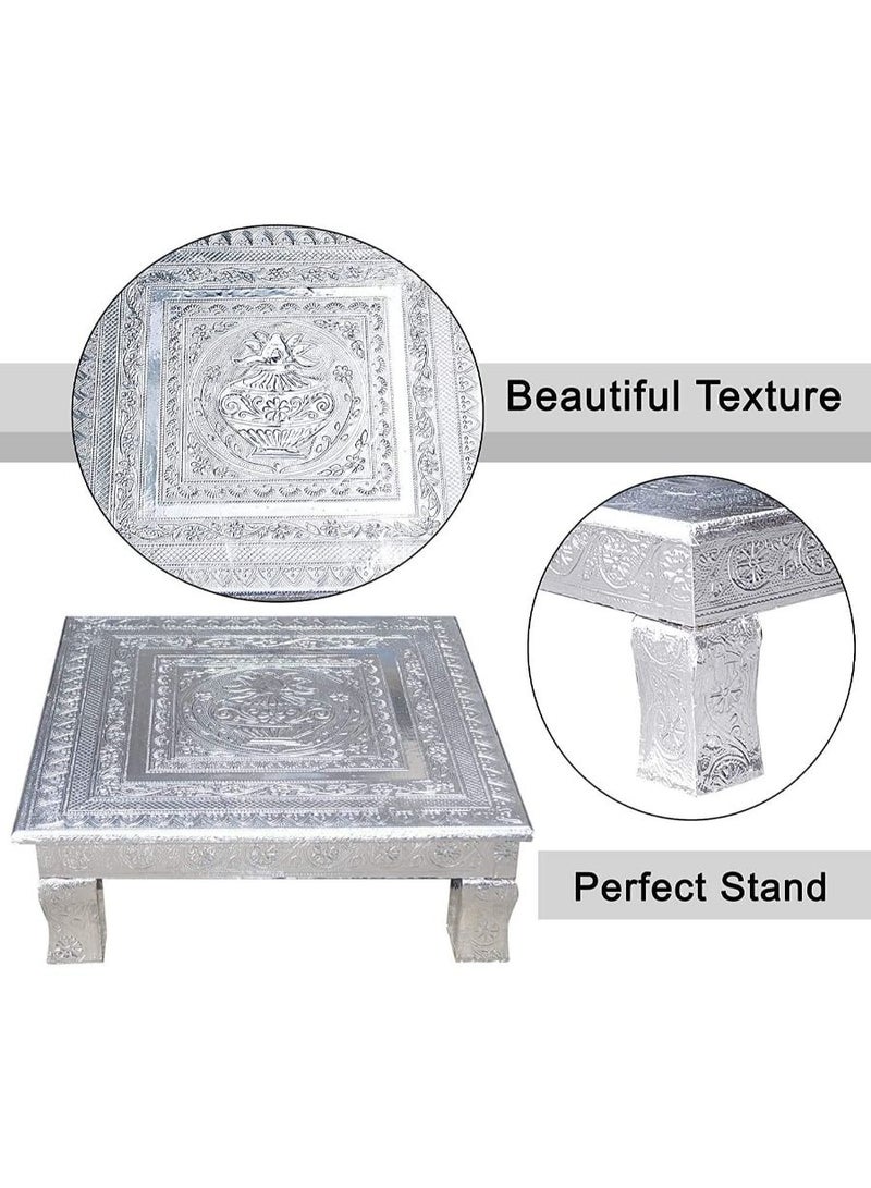 QUESERA Aluminium Foil Designer Bajot Chowki Peeta Patla Designed Beautifully in Wood Silver rajwadi Work home decor stool seating furniture living room decor - Image 3