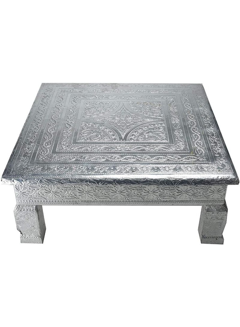 QUESERA Aluminium Foil Designer Bajot Chowki Peeta Patla Designed Beautifully in Wood Silver rajwadi Work home decor stool seating furniture living room decor - Image 1