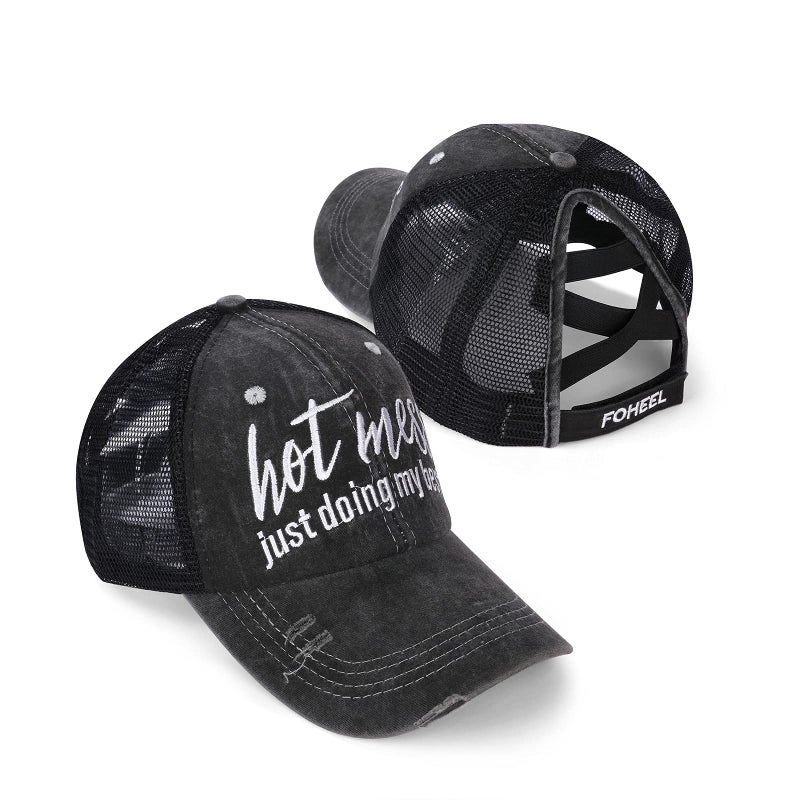 FOHEEL Criss Cross Ponytail Hat Baseball Caps for Women Mesh Back Distressed Messy Trucker Hat Pony Embroidery Hiking Golf Running Hats - Image 1