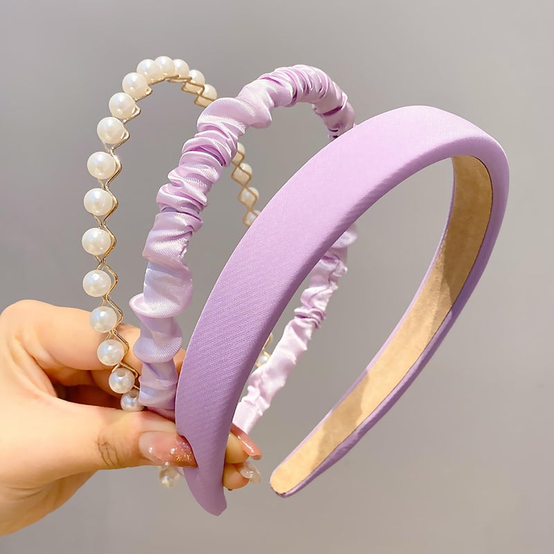 TEBIEKOY 3PCS Headbands for Women Girls Purple Pearl NonSlip Wide Head Bands Fashion Padded Cute Thin Vintage Hair Accessories