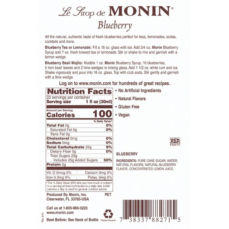 Monin - Blueberry Syrup, Mildly Sweet & Tart Blueberry Flavor, Great for Teas, Lemonades, Smoothies, & Cocktails, Gluten-Free, Non-GMO (1 Liter) - Image 3