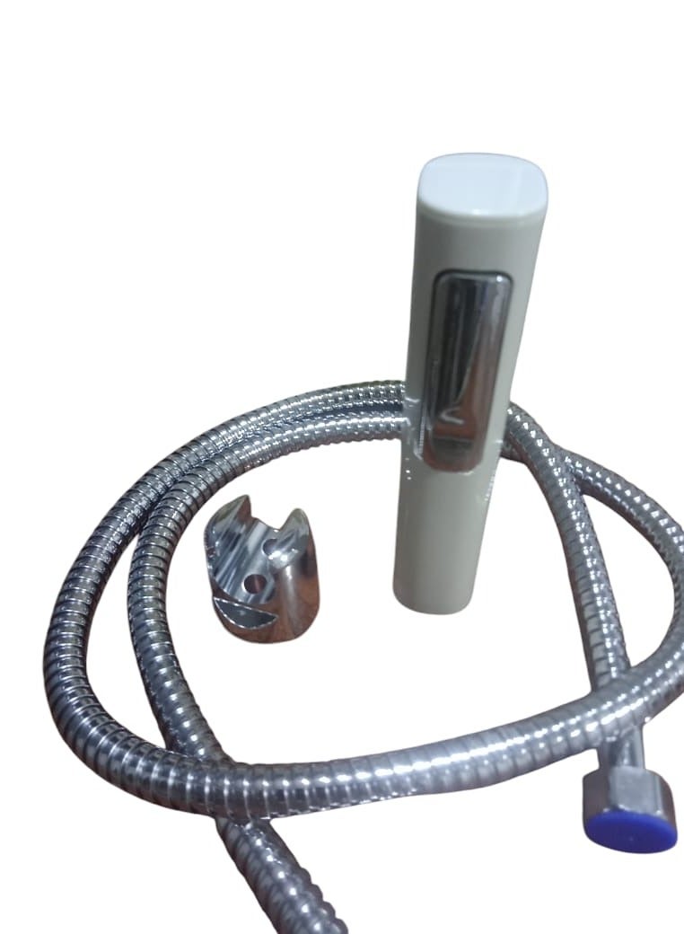 An outdoor bathroom shattaf with a white handle elegant color high quality with a silver shower head one and a half meters long with a hook - Image 1