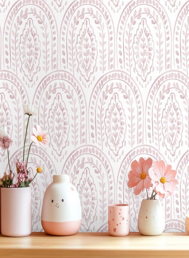 EeeComing Pink Peel and Stick Wallpaper Boho Wall Paper Peel and Stick Modern Contact Paper Self Adhesive Wallpaper for Bedroom and Bathroom Wallpaper Removable Cabinet Shelf Liner Vinyl 17.3”X118.1” - Image 1