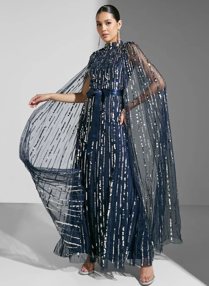 Amelia Rose Crystal-embellished Cape Sleeve Tulle Dress