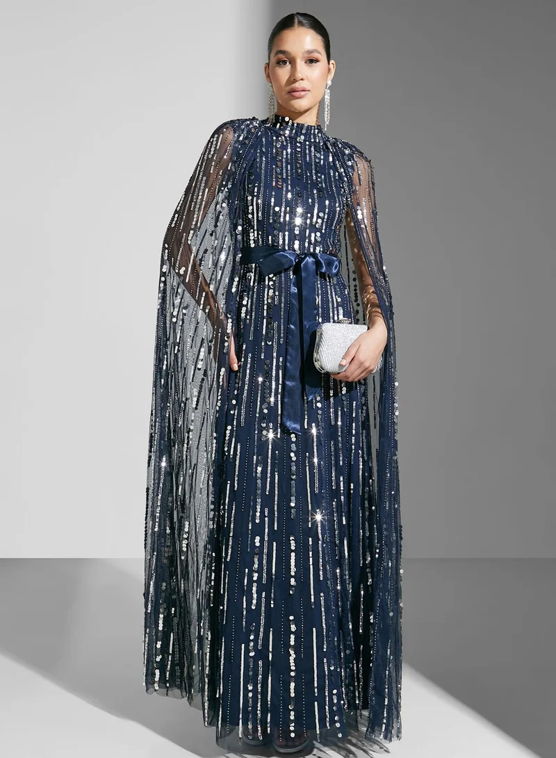 Amelia Rose Crystal-embellished Cape Sleeve Tulle Dress