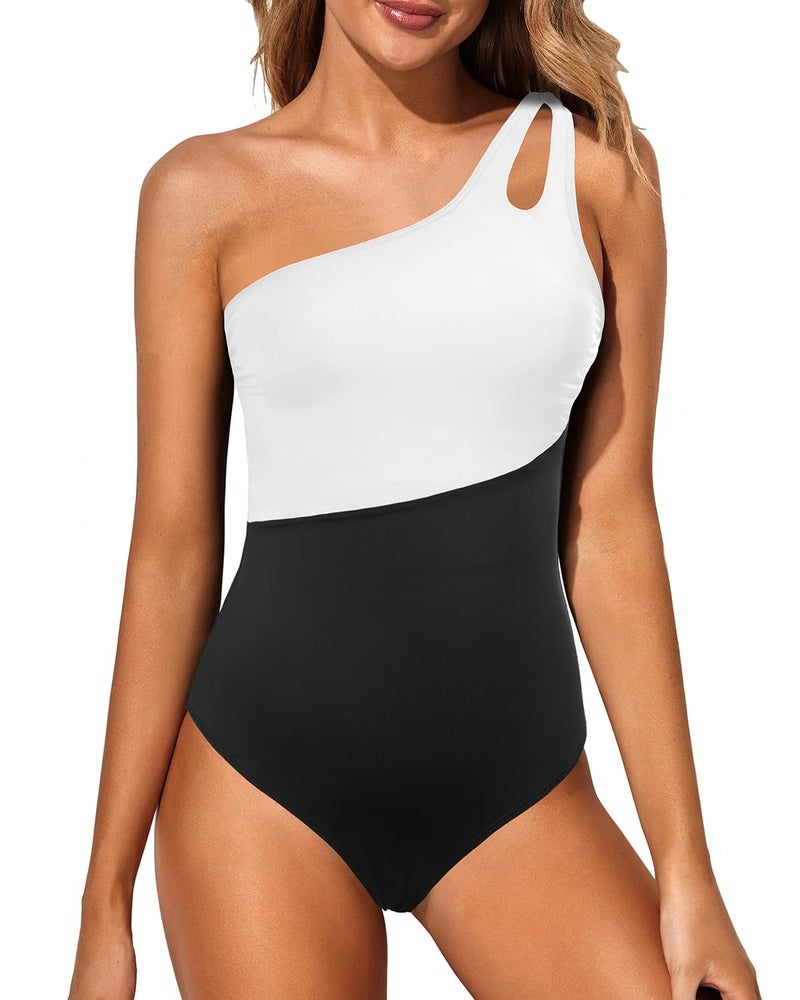 Holipick One Shoulder One Piece Swimsuit for Women Tummy Control Bathing Suits Modest Full Coverage Keyhole Swimwear Black and White - Image 1