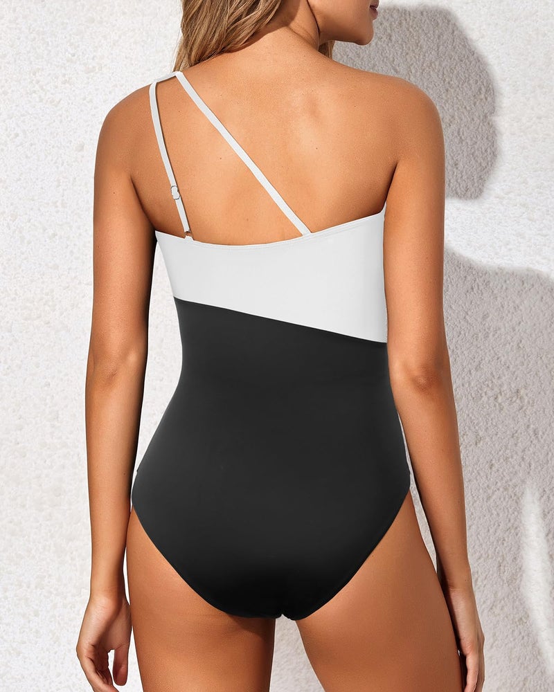 Holipick One Shoulder One Piece Swimsuit for Women Tummy Control Bathing Suits Modest Full Coverage Keyhole Swimwear Black and White - Image 3