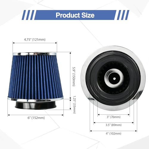 moafaye Universal Clamp On Air Intake Filter fits 3 In /3.5 In /4 In Three Different Size, Cone Air Intake Filter（Blue） - Image 2