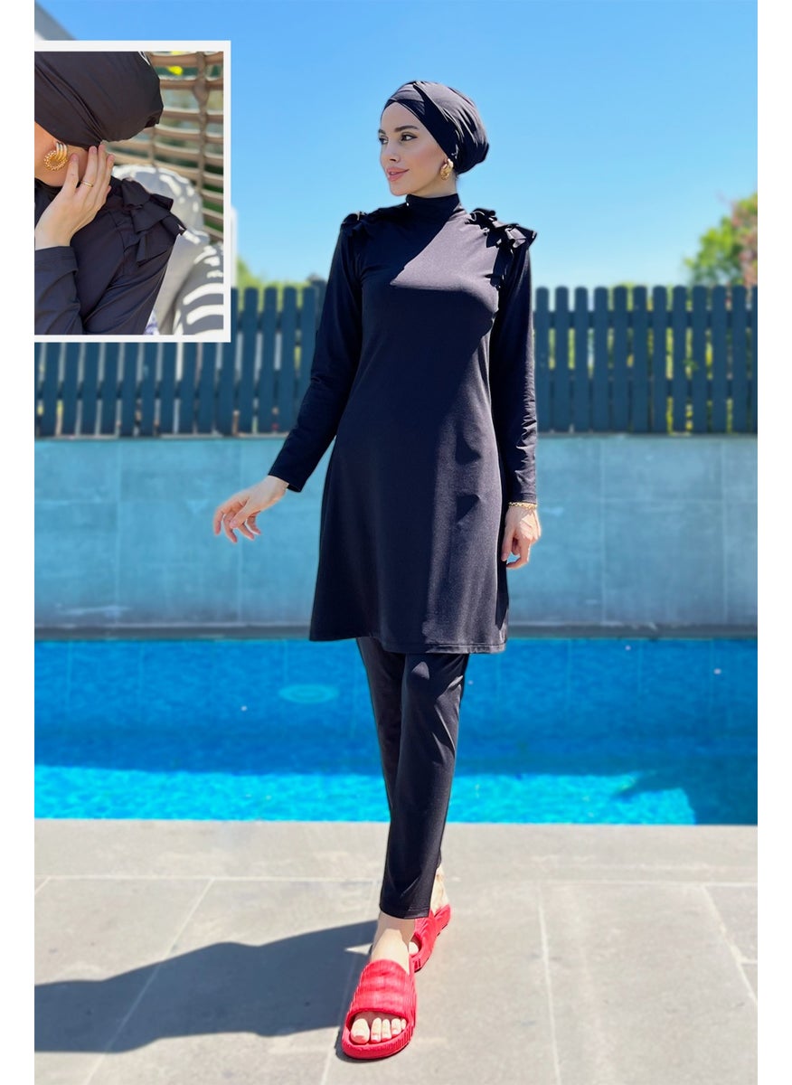 Remsa Mayo Remsa Swimsuit Lycra Fully Covered Shoulder Stylish Ruffled Modest Swimsuit R060 Nilgün Black  - Image 1