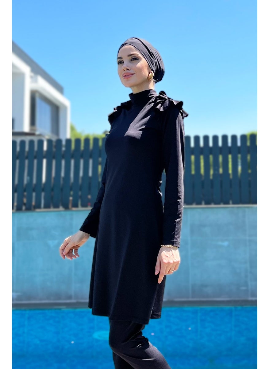 Remsa Mayo Remsa Swimsuit Lycra Fully Covered Shoulder Stylish Ruffled Modest Swimsuit R060 Nilgün Black  - Image 2