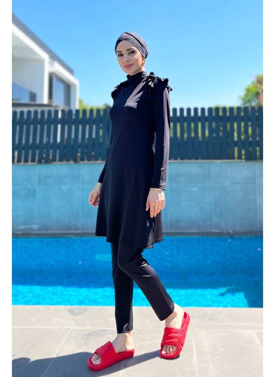 Remsa Mayo Remsa Swimsuit Lycra Fully Covered Shoulder Stylish Ruffled Modest Swimsuit R060 Nilgün Black  - Image 4