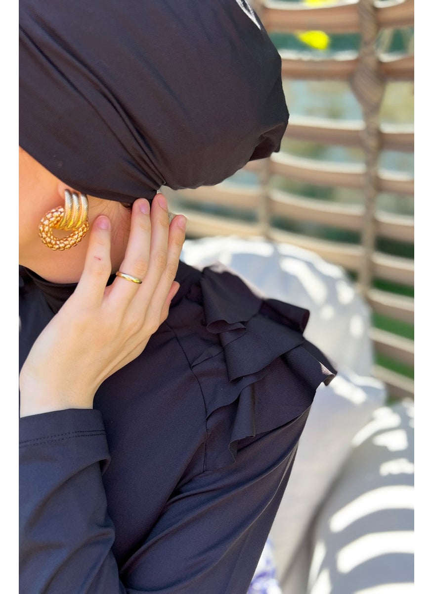 Remsa Mayo Remsa Swimsuit Lycra Fully Covered Shoulder Stylish Ruffled Modest Swimsuit R060 Nilgün Black  - Image 5