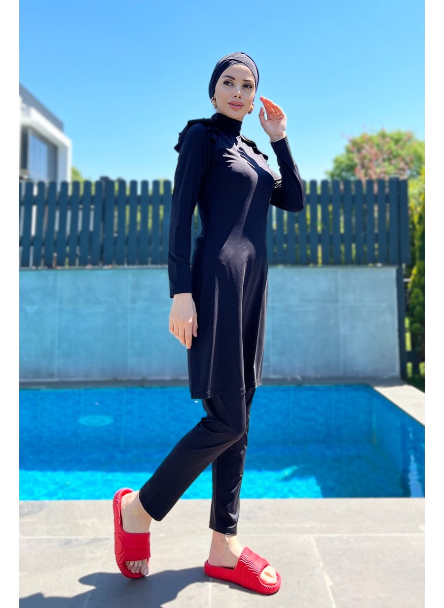 Remsa Mayo Remsa Swimsuit Lycra Fully Covered Shoulder Stylish Ruffled Modest Swimsuit R060 Nilgün Black  - Image 3