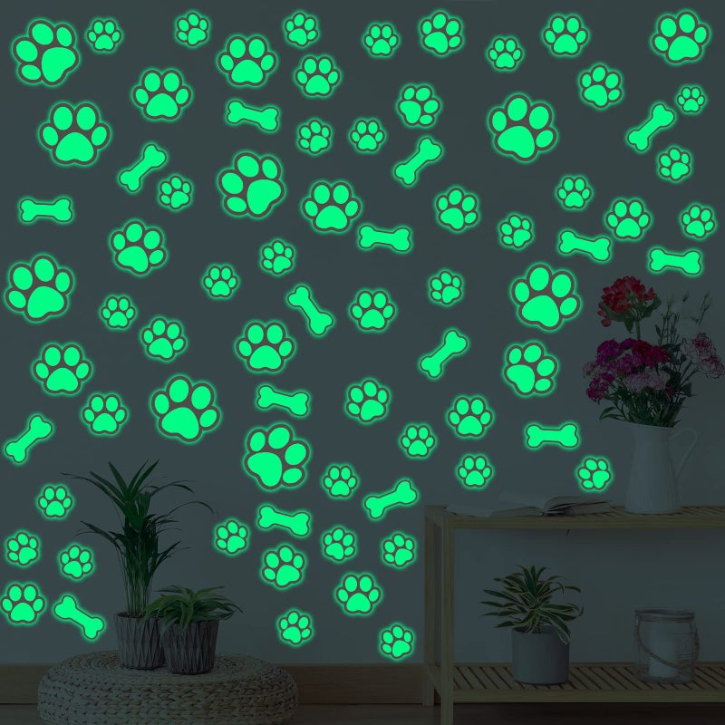 127 Glow in The Dark Dog Paw Stickers Luminous Removable Vinyl Wall Decals for Kids Nursery BedroomGreen Light