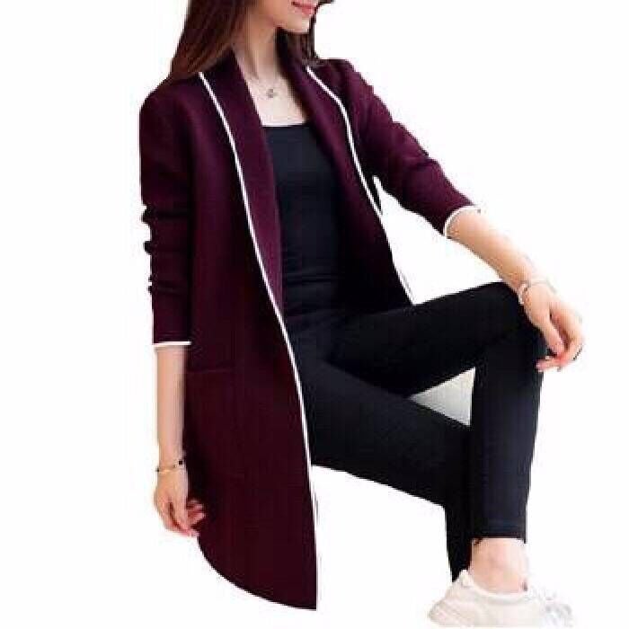 2019 Autumn Winter Korean Womens Loose Long Sleeve Cardigan Jacket Burgundy 