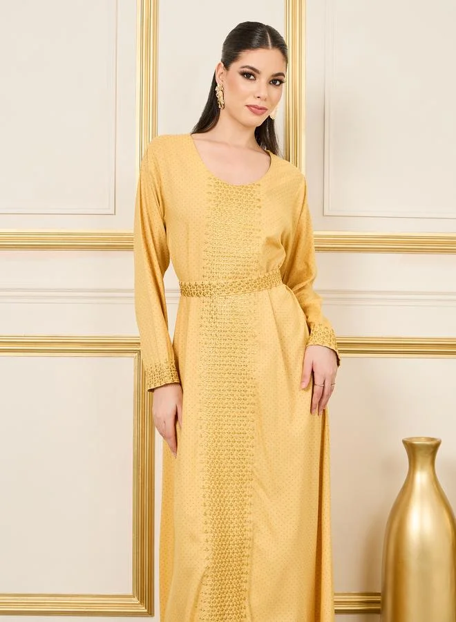 Styli Styli Embroidered Spot All Over Print Belted Jalabiya