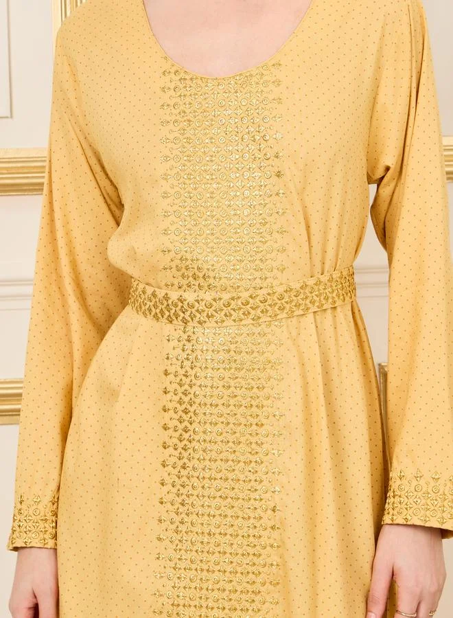Styli Styli Embroidered Spot All Over Print Belted Jalabiya