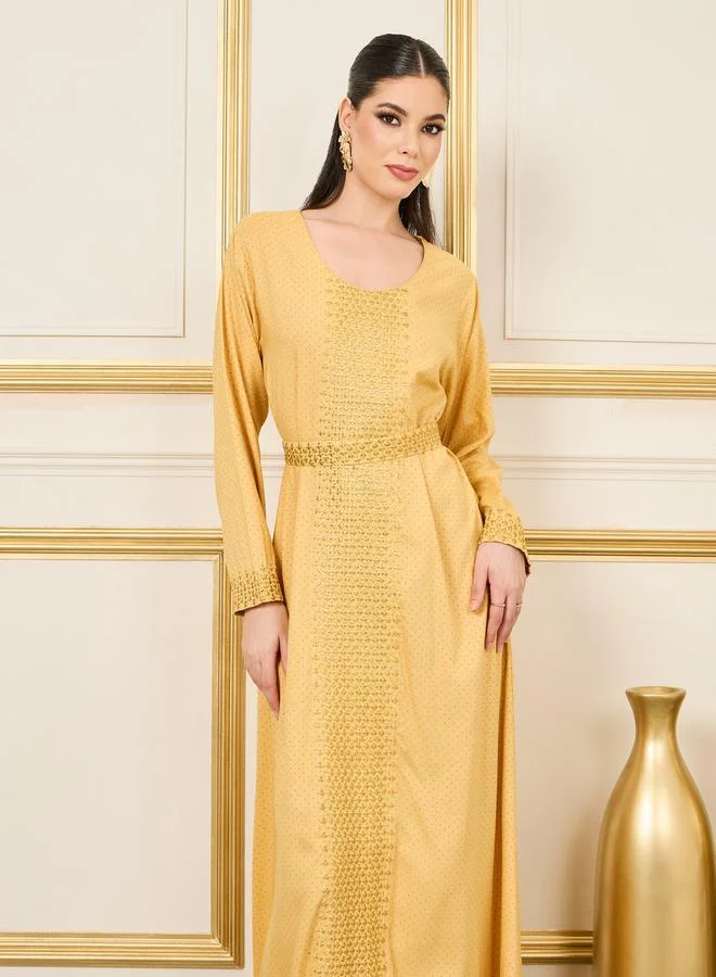 Styli Styli Embroidered Spot All Over Print Belted Jalabiya