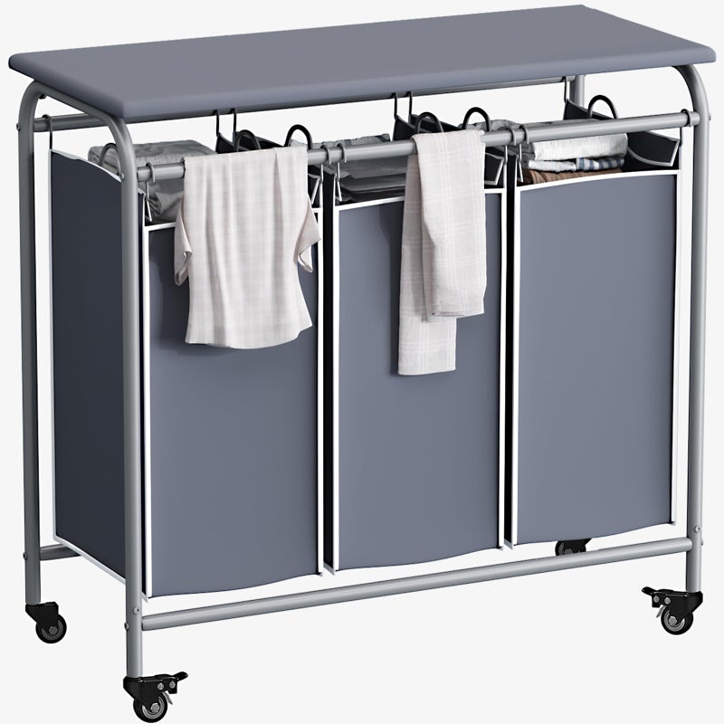 LINZINAR 3 Bag Laundry Basket Sorter Heavy Duty Rolling Lockable Wheels Laundry Hamper Cart with Ironing Board and Removable Bags Grey