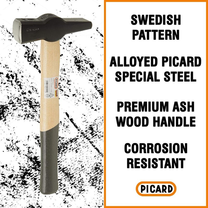 Picard Blacksmith Hammer 1000g - Swedish Pattern, Cross Peen Hammer, Forged Alloyed Steel Head, Chamfered Edges, Black Powder Coated, Dual Curved Ash Handle, 0000811-1000 - Image 1
