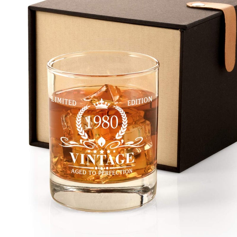 Triwol 45th Birthday Gifts for Men, Vintage 1980 Whiskey Glass Funny 45 Birthday Gift for Dad, Son, Husband, Brother, 45th Birthday Gift Ideas for Him, 45 Year Old Bday Decorations Party Favors - Image 1