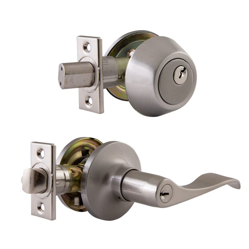 Design House 727966 Stratford 6Way Universal Entry Door Lever and Single Cylinder Deadbolt Satin Nickel