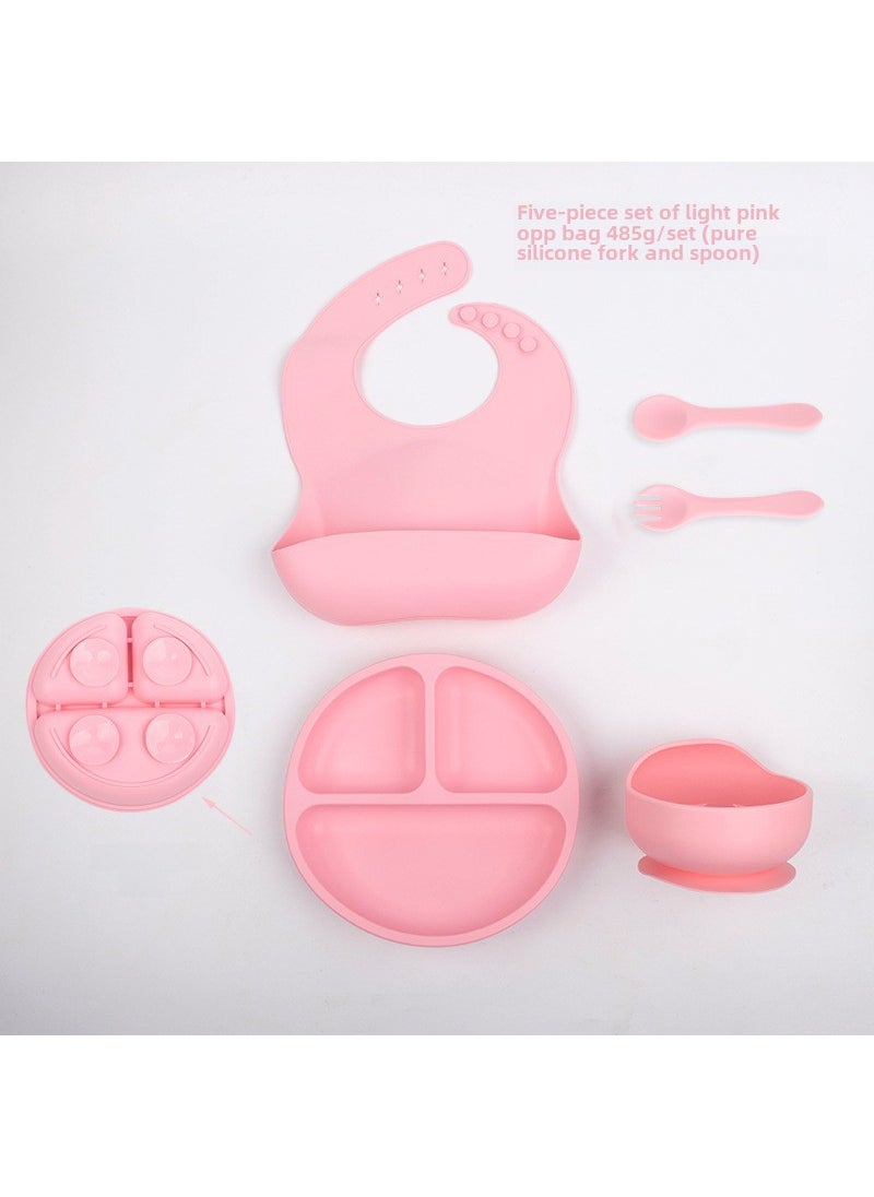 Generic - Kids Silicone Feeding Set Bowl Fork Spoon BibPink-Smiley Dinner Plate Pure Silicone Five-piece DM-105-20 Pink-Smiley Dinner Plate Pure Silicone Five-piece DM-105-20 - Image 1
