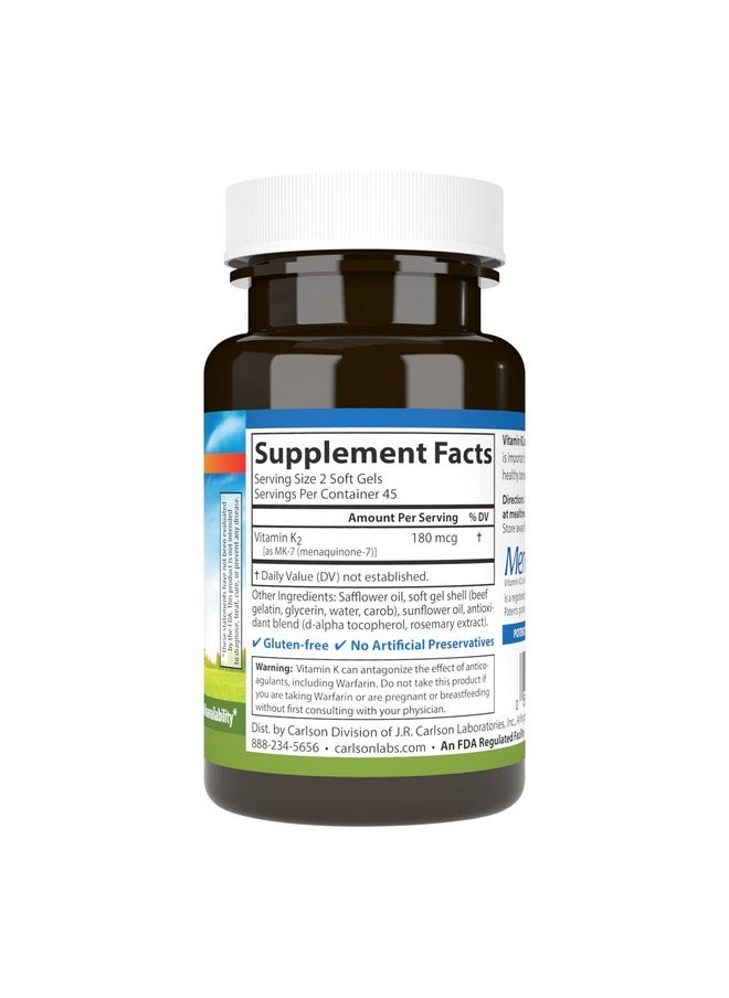 Carlson - Vitamin K2 Mk7 (Menaquinone) 180 Mcg Bone Support Function & Calcium Bioavailability 90 Softgels - Image 1