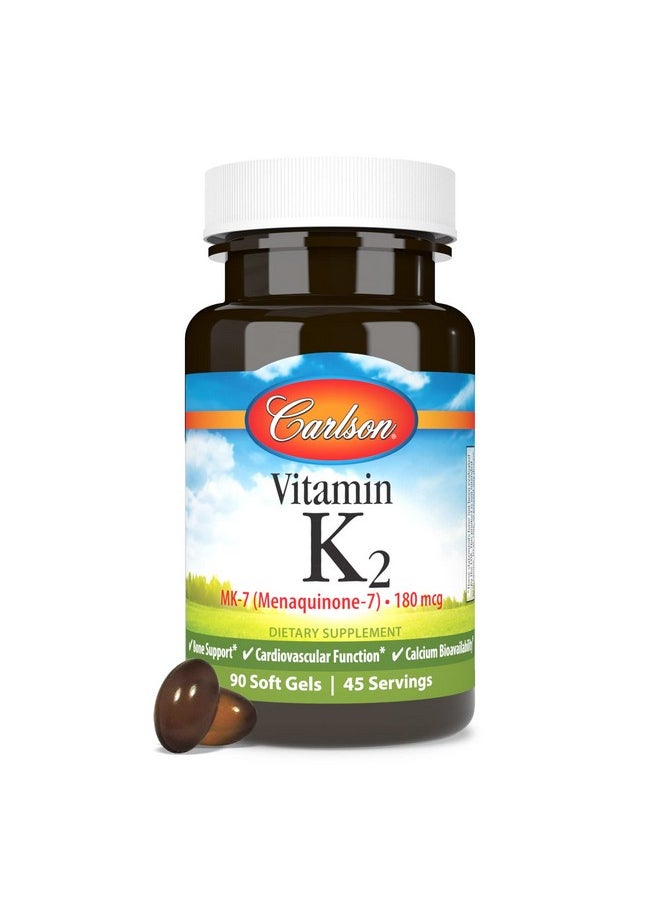 Carlson - Vitamin K2 Mk7 (Menaquinone) 180 Mcg Bone Support Function & Calcium Bioavailability 90 Softgels - Image 1