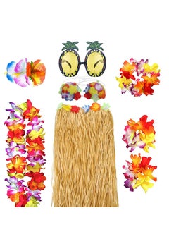 Generic 8Pcs Hawaiian Hula Skirt Costume Set Hippie Accessories Flower Fancy Dress Supplies Summer Beach Tropical Party Decorations (80CM)  - Image 1