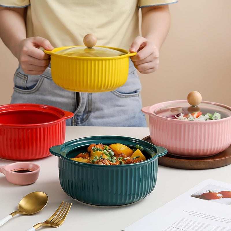 Soup Bowl with 2 Handles, Ceramic Instant Noodle Bowl, Soup Pot, Glass Cover, Japanese Style Tableware, Large (1000 ml with Lid, Pink) - Image 3