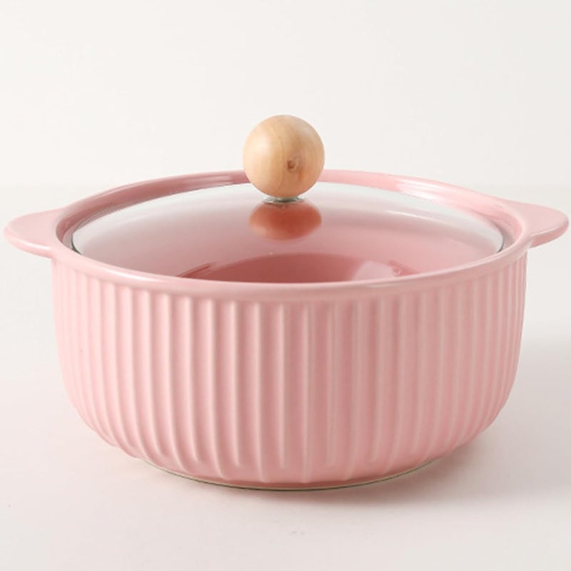 Soup Bowl with 2 Handles, Ceramic Instant Noodle Bowl, Soup Pot, Glass Cover, Japanese Style Tableware, Large (1000 ml with Lid, Pink) - Image 2