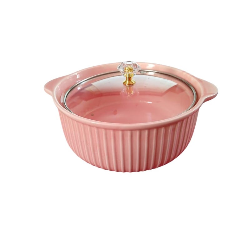 Soup Bowl with 2 Handles, Ceramic Instant Noodle Bowl, Soup Pot, Glass Cover, Japanese Style Tableware, Large (1000 ml with Lid, Pink) - Image 1