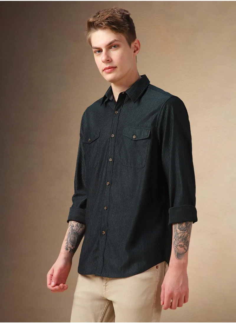 دينيس لينغو Men's Dark Green 100% Polyester Solid Shirt