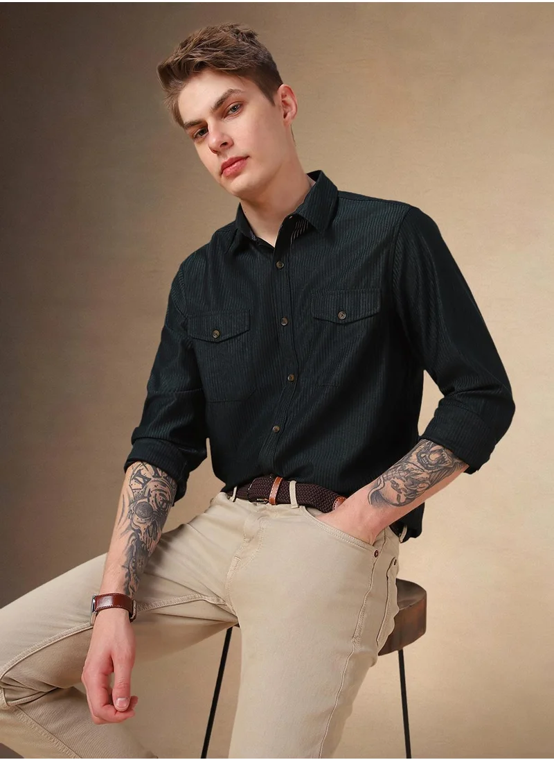 دينيس لينغو Men's Dark Green 100% Polyester Solid Shirt