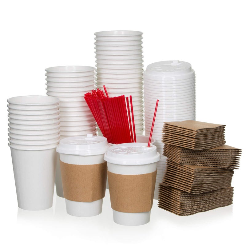 SafeWare White Coffee Cup Set  50 Pack Disposable Coffee Cups with Lids 20 oz Perfect for Hot Beverages Expresso Latte Tea Hot Chocolate Includes Stirrers and Sleeves ToGo Design