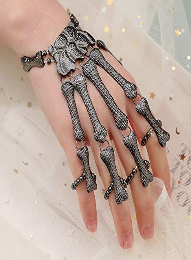 YERTTER Women Vintage Skull Fingers Metal Skeleton Bracelet Ring Hip Hop Street Dancing Cosplay Wristband for Halloween and Special Festival (Black) - Image 3