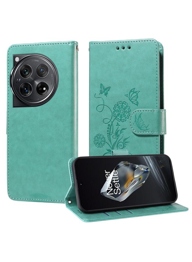 اس-توب جراب هاتف OnePlus 12 مصنوع من الجلد المنقوش بزهور الفراشة - Image 1