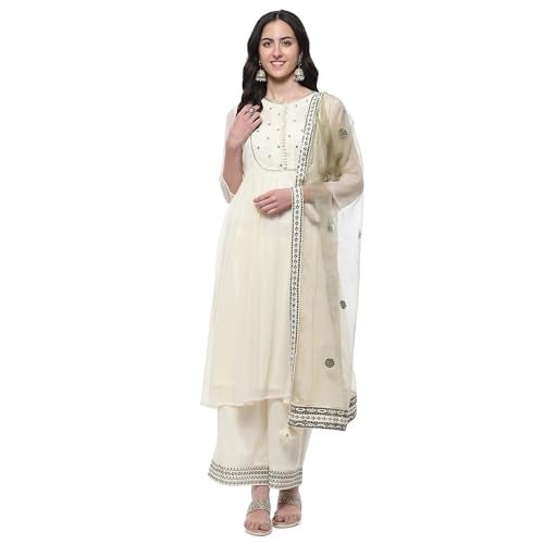BIBA Women EMBROIDERY GATHERED SALWAR KURTA DUPATTA(SKDRIVAYAT9575_OFF WHITE_34) - Image 1