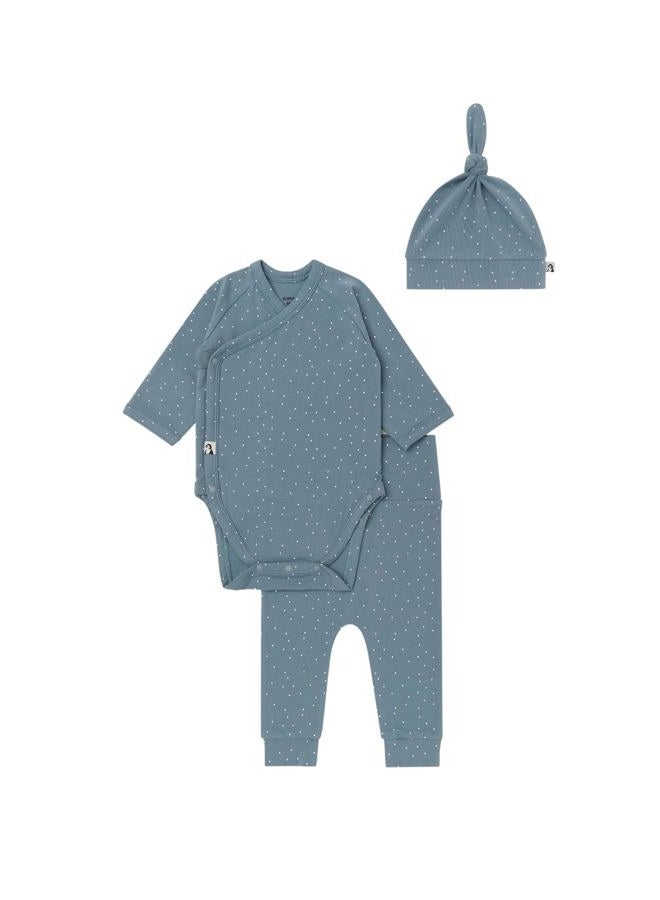 Konny Newborn Light Bodysuit & Leggings Set & Knotted Hat - Side Snap, Layette Set, Premium and Safe for New Moms: Baby Clothing for Stylish Comfort - Blue Grey Dot 6M - Image 1