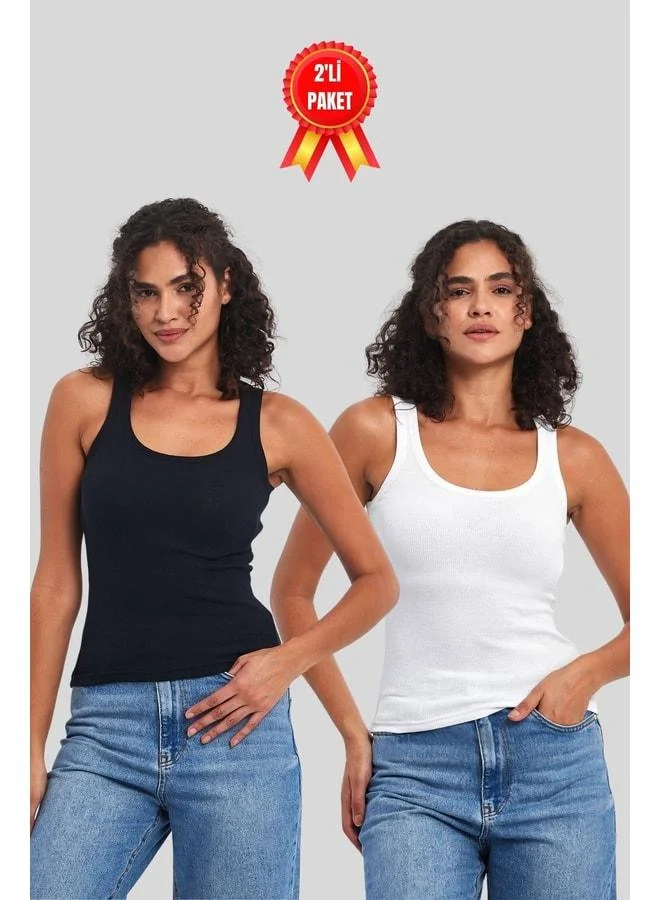 mmetalic Women's Black and White Ribbed-Look Thick-Strap 2-Pack Basic Tank Tops