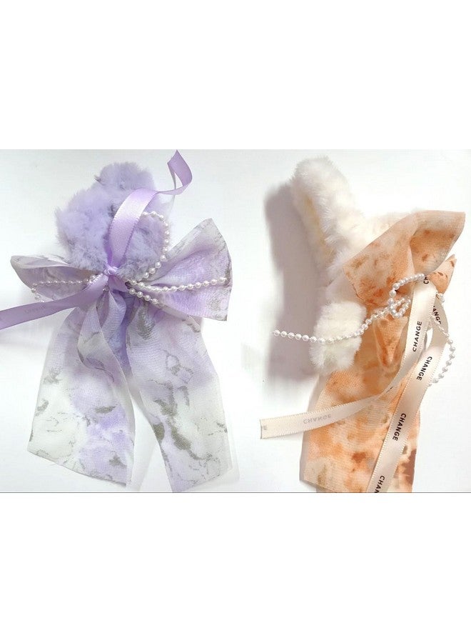 Plenteous Chic Faux Fur Hair Clutcher with RIBBON Bow - Trendy Claw Clip for Women & Girls MULTICOLOR PACK OF 2 - Image 2