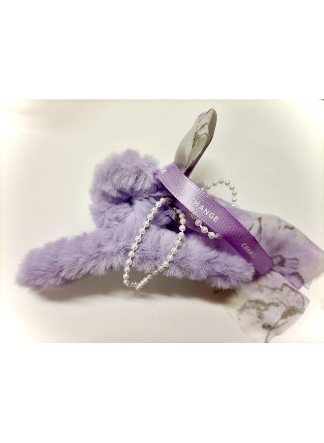 Plenteous Chic Faux Fur Hair Clutcher with RIBBON Bow - Trendy Claw Clip for Women & Girls MULTICOLOR PACK OF 2 - Image 3