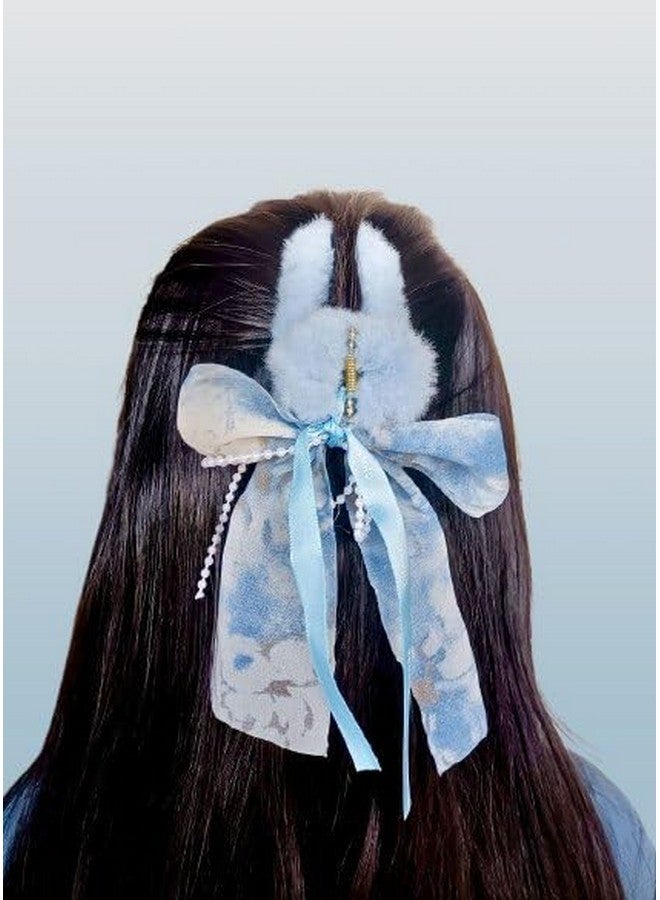 Plenteous Chic Faux Fur Hair Clutcher with RIBBON Bow - Trendy Claw Clip for Women & Girls MULTICOLOR PACK OF 2 - Image 5