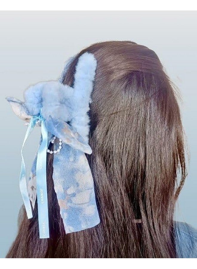 Plenteous Chic Faux Fur Hair Clutcher with RIBBON Bow - Trendy Claw Clip for Women & Girls MULTICOLOR PACK OF 2 - Image 4