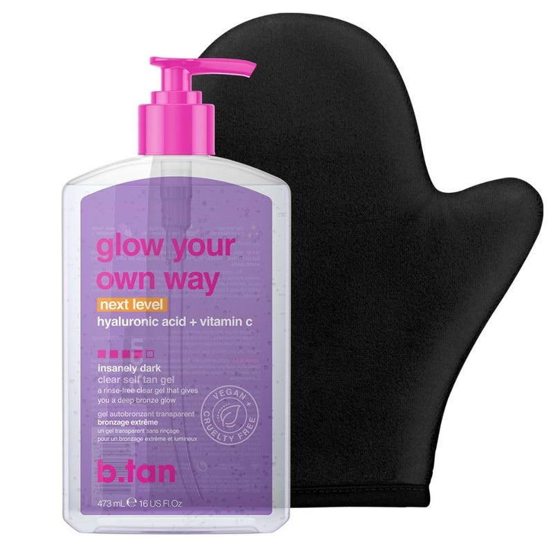 b tan b.tan Best Clear Self Tanning Gel Kit | Glow Your Own Way Bundle - Ultra Dark, Quick Express Tanner for Face & Body with Applicator, No Transfer (Ultra Dark Gel with Mitt) - Image 1
