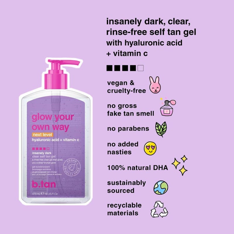 b tan b.tan Best Clear Self Tanning Gel Kit | Glow Your Own Way Bundle - Ultra Dark, Quick Express Tanner for Face & Body with Applicator, No Transfer (Ultra Dark Gel with Mitt) - Image 3