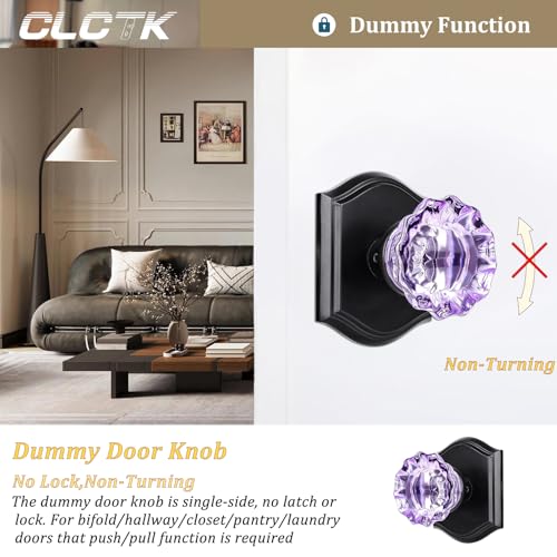 CLCTK Purple Crystal Glass Dummy Door Knob Matte Black Closet Bifold Dummy Door Handles NonTurning Single Side 2 Pack - Image 3