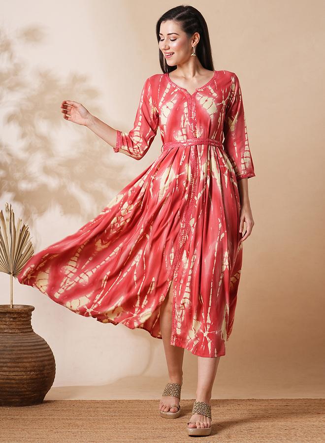 globus Globus Embroidered Notch Neck Front Slit A-Lin Midi Dress with Belt  - Image 5